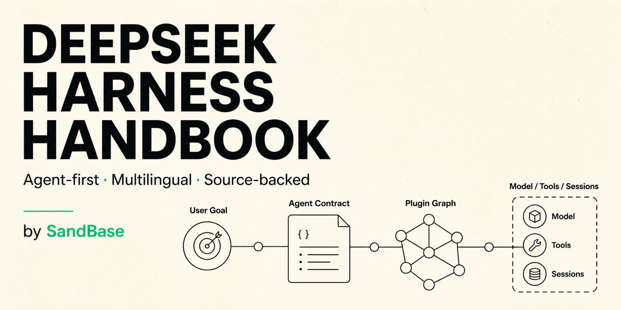 DeepSeek Harness Handbook map showing agent runtime, tools, policy, sessions, MCP, and production paths