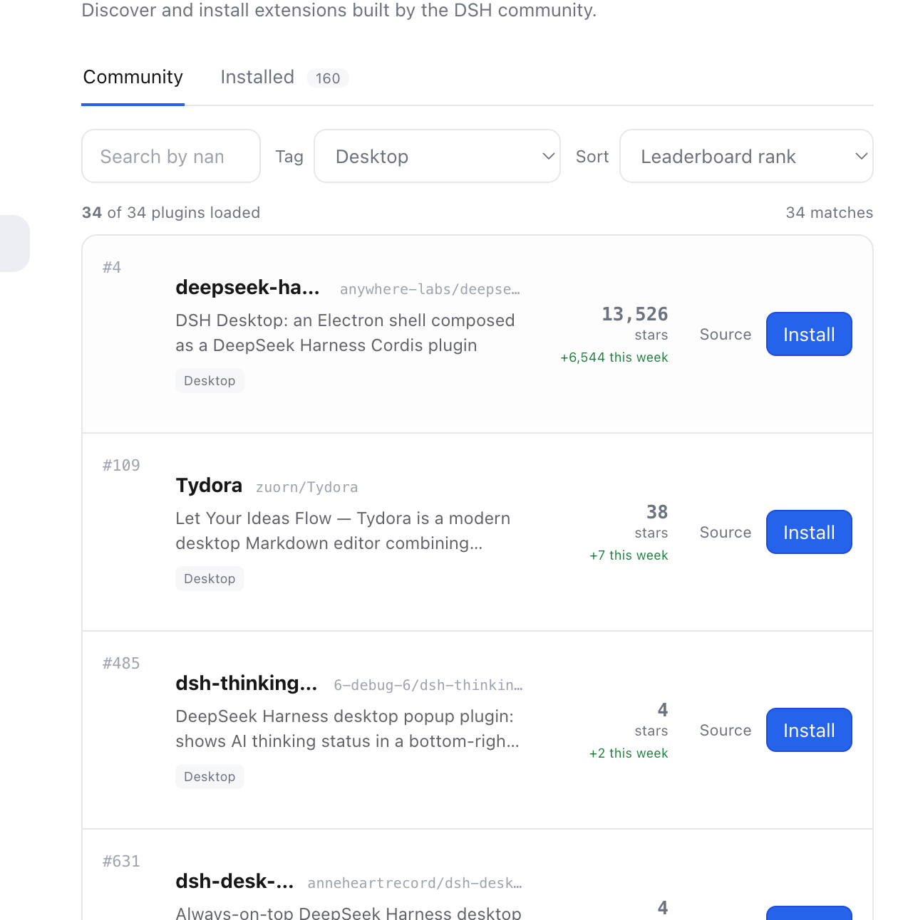 DSH Plugin Store Community view with search, tag filtering, sorting, and plugin results